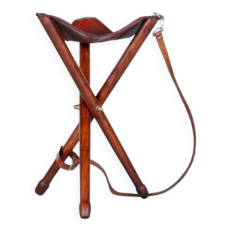 Scandinavian bohemian leather stool, Danish teak stool.