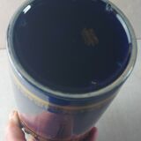 Ancien vase rouleau, bleu, en céramique émaillée, Lunéville napoléon III
