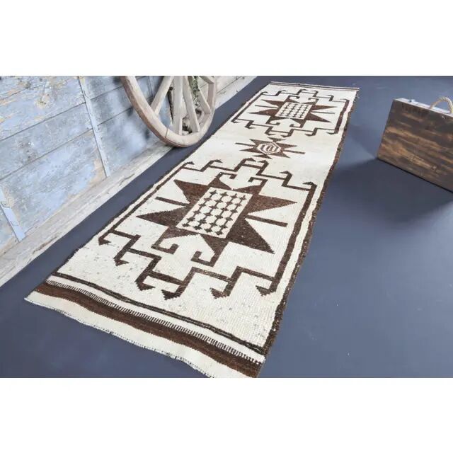 Vintage Turkish Oushak handmade wool cotton white runner rug 100x350