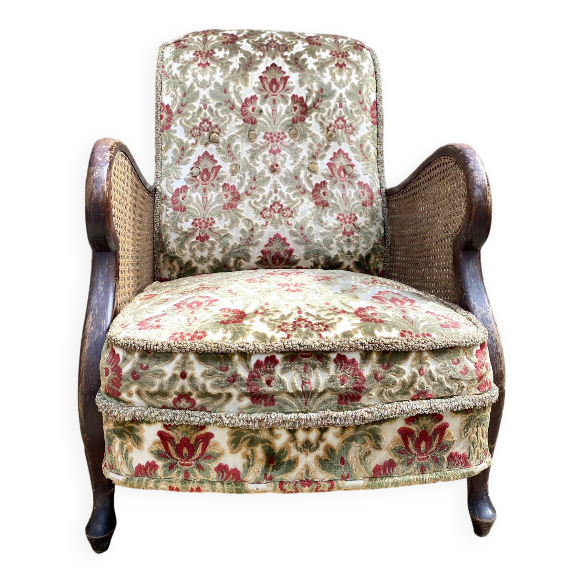 English cane and velvet armchair, Chippendale style