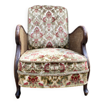 English cane and velvet armchair, Chippendale style