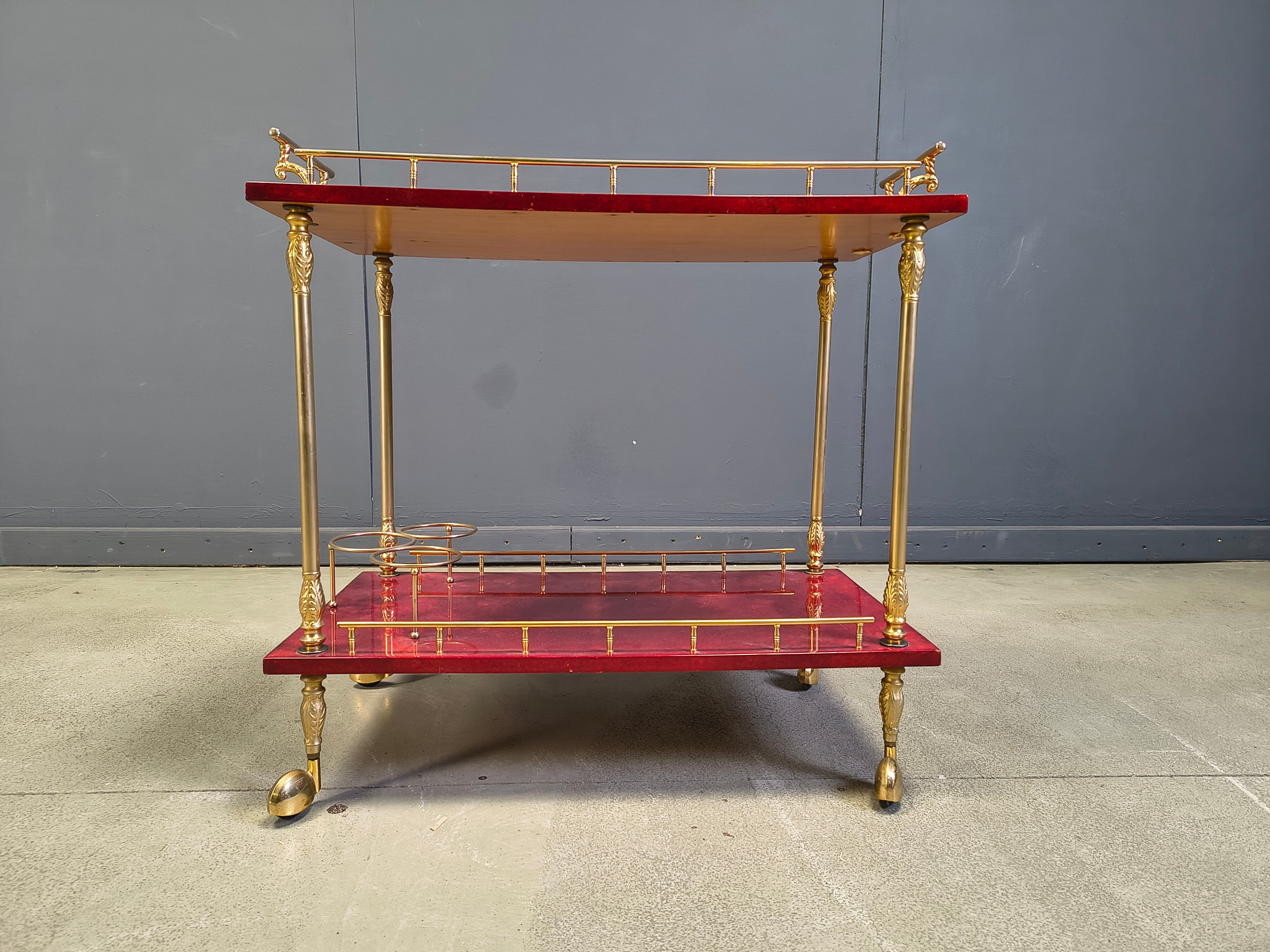 Rare Italian lacquered goatskin / parchment serving bar cart by Aldo Tura, 1960s