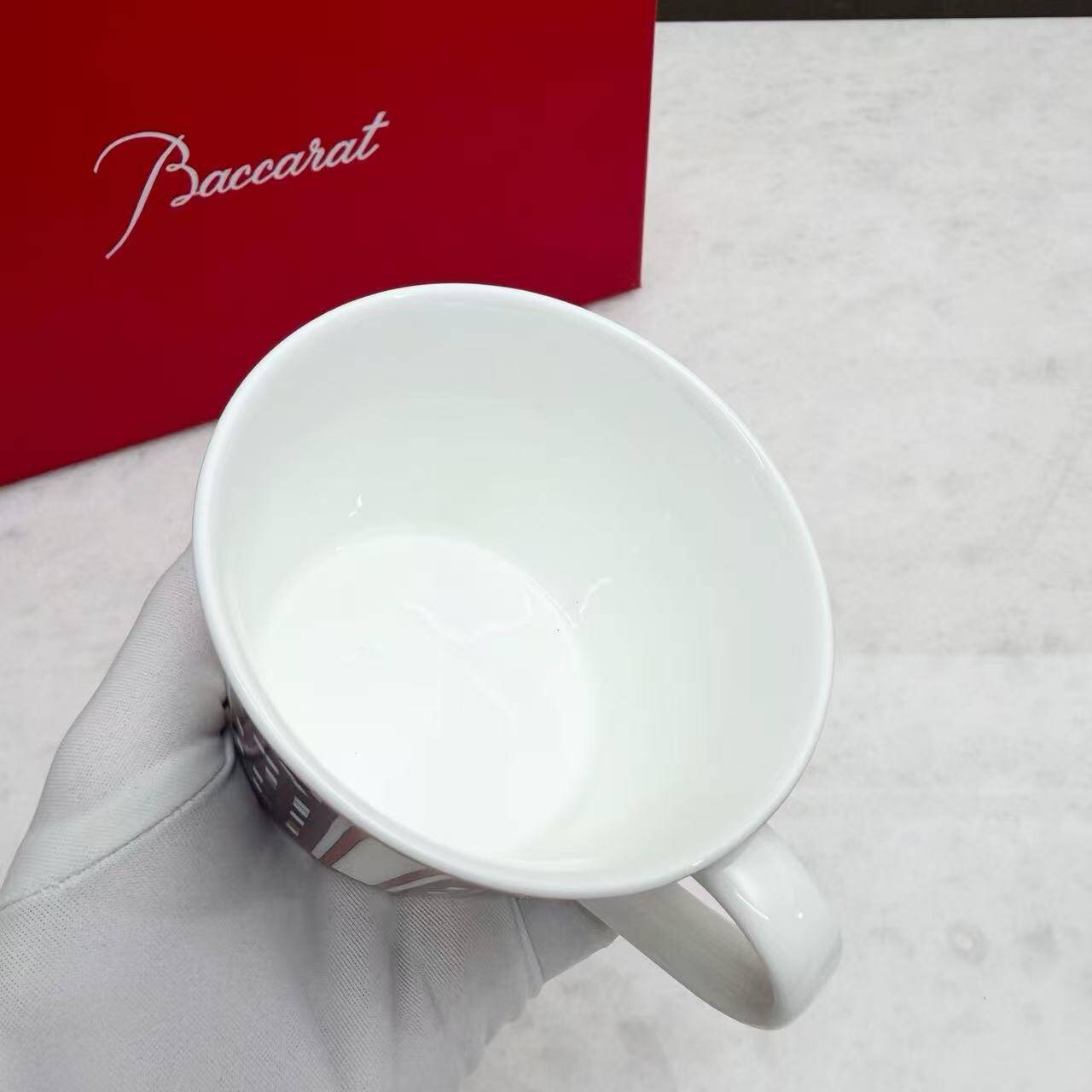 Pair of Baccarat Porcelain Coffee Cups and Saucers, Red Geometric Design