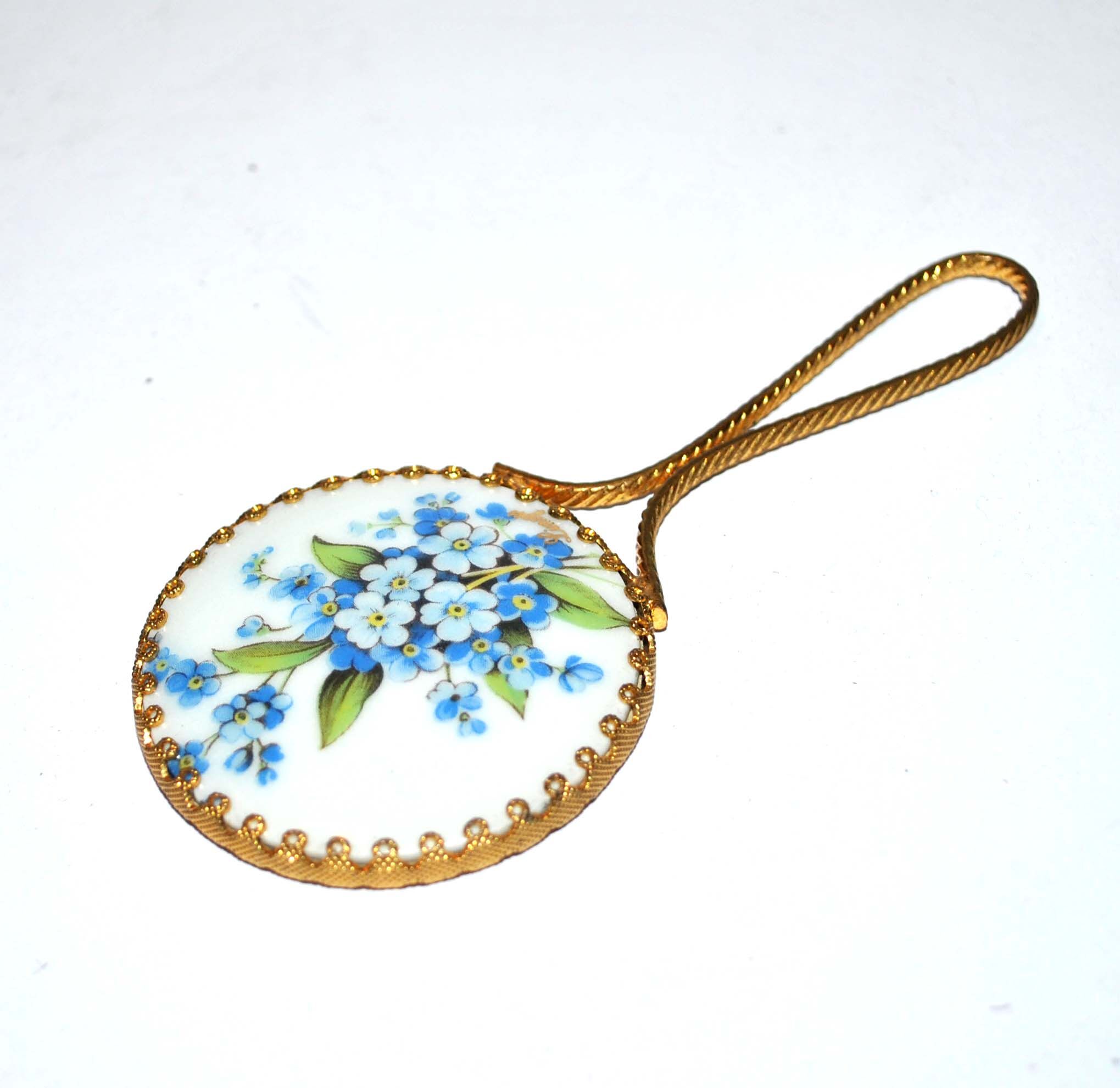 Vintage Gilded Handmirror and Limoges Porcelain - Pocket Mirror / Handbag