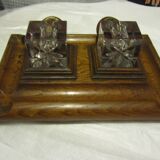 Old Inkwells (2) With Its Wooden Base + Blotter Pad..Excellent condition.