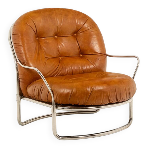 Carlo Di Carli. Fauteuil en cuir et métal. Années 1970