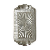 Metal butter dish and thick rectangular glass bowl.