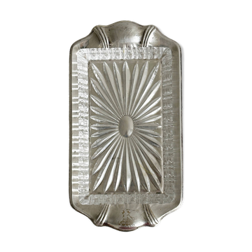 Metal butter dish and thick rectangular glass bowl.