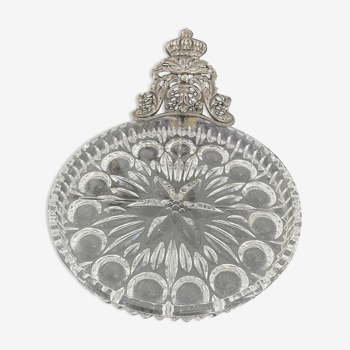 Coupelle en verre taillé forme étoile poignée en métal argenté, couronne, France