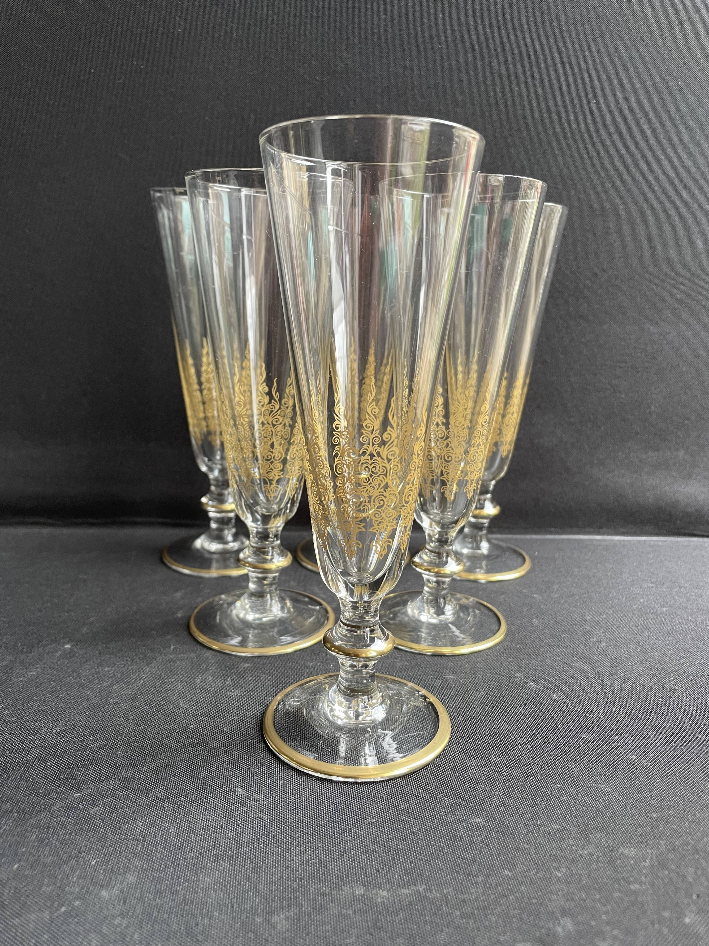 6 Champagne Flutes – Gold Crystal