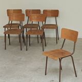 Set of 6 Czech school chairs in metal and wood, Kovona bistro style.