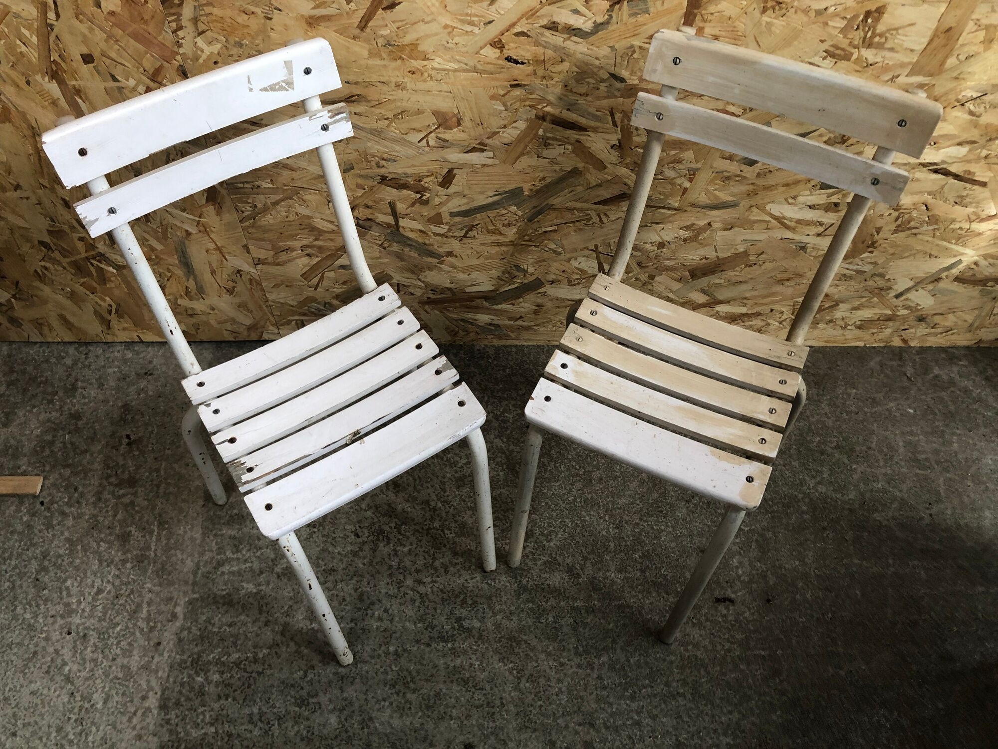 Pair Old Garden Chair Metal Structure + Vintage White Wood Slats