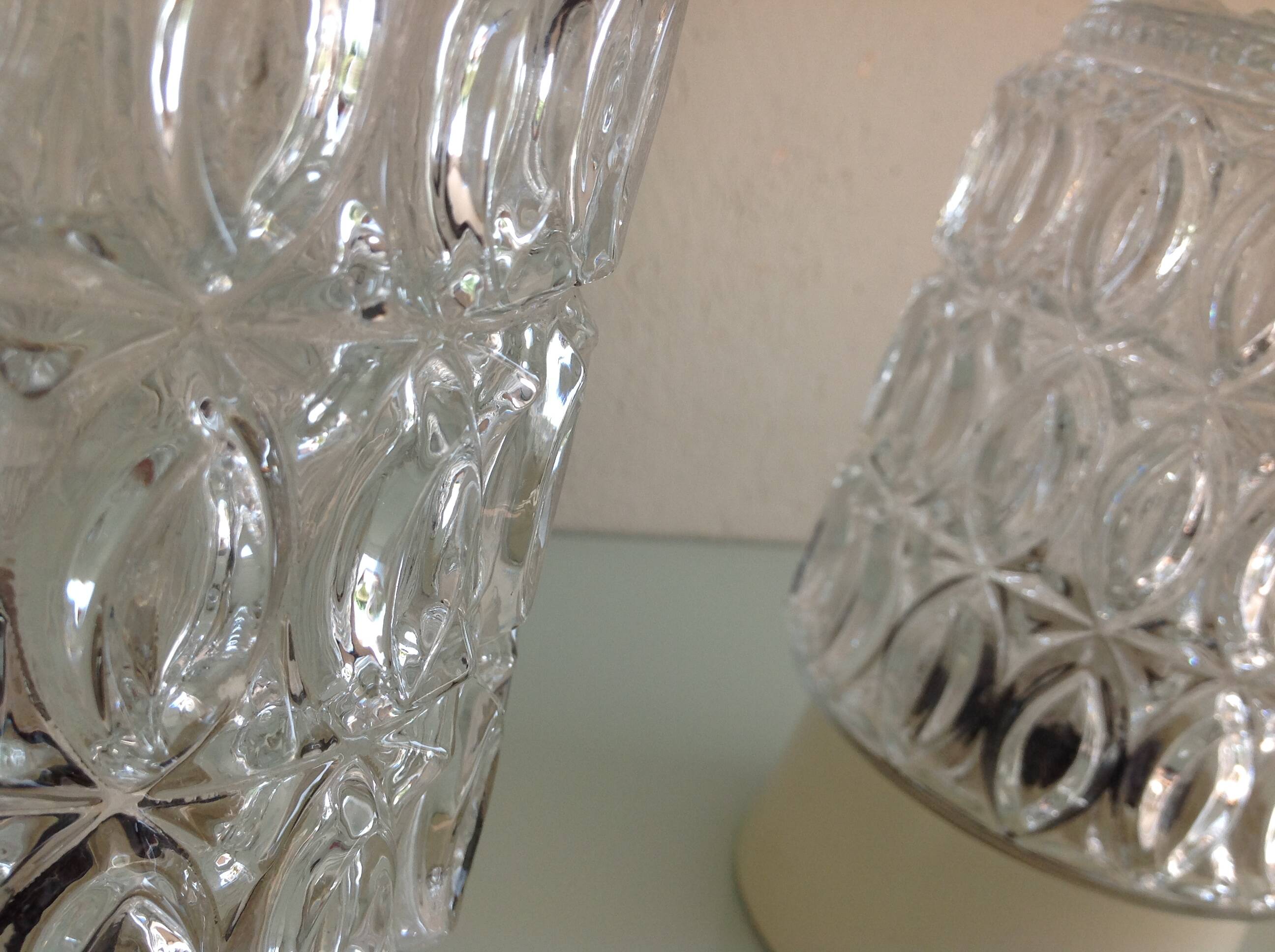 Pair of cylindrical structured glass ceiling lights / vintage 60s-70s