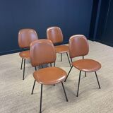 Set of 4 retro bistro chairs in cognac leatherette and black steel legs