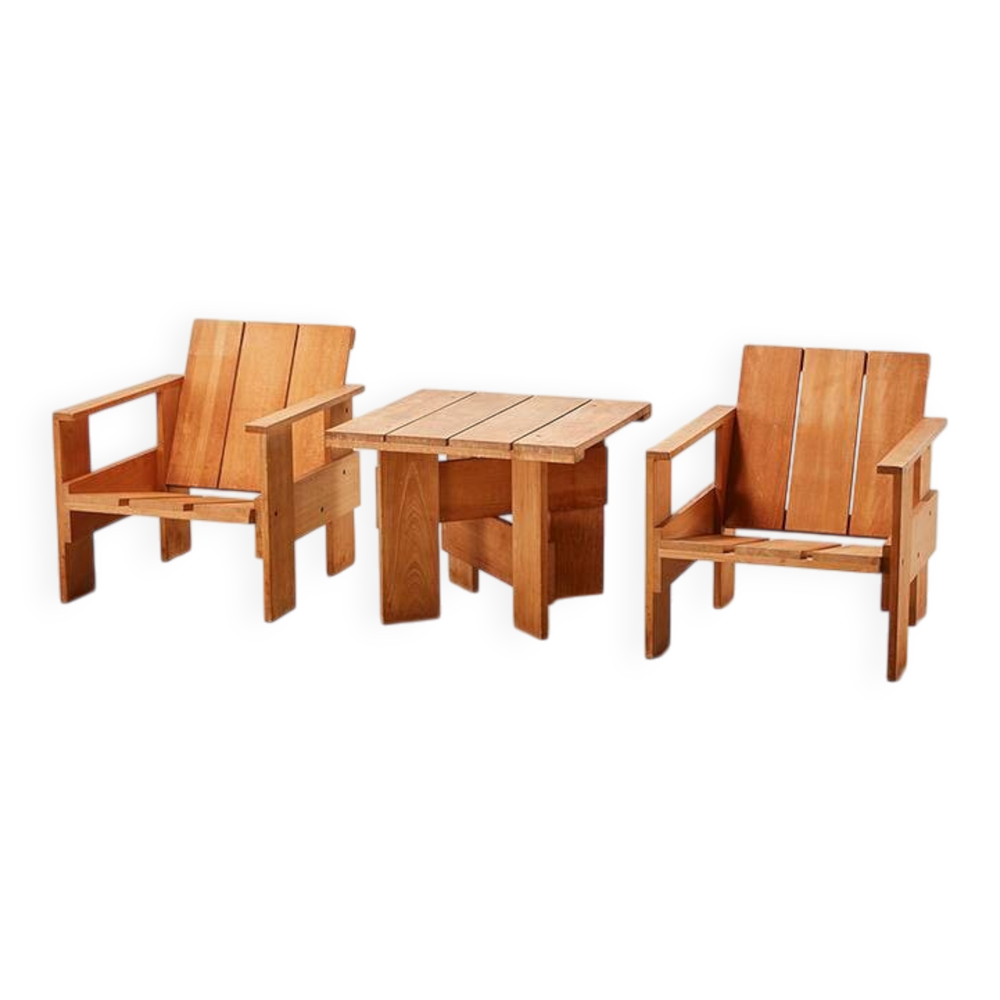 Gerrit Rietveld Pair of Crate Chairs + Table for Cassina 1934/ 1979