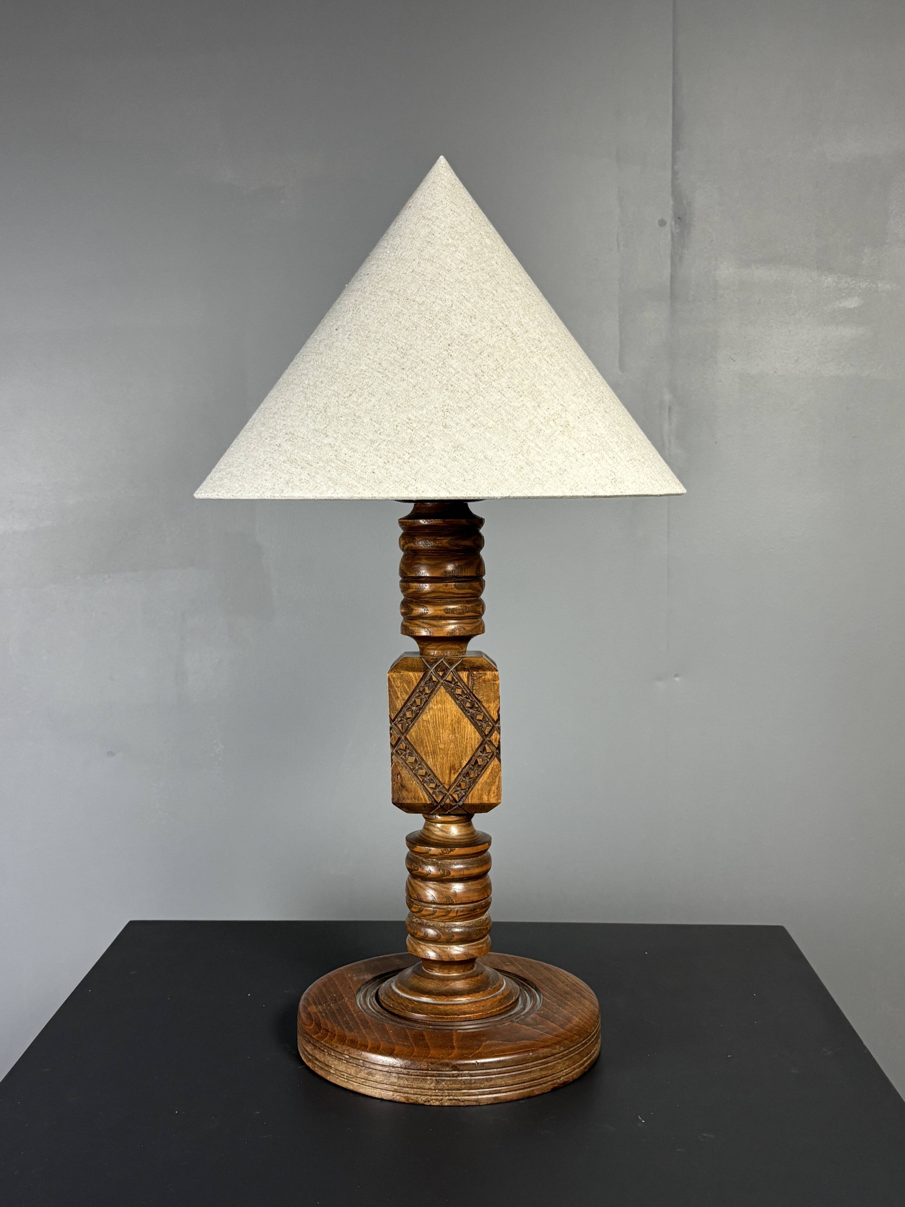 Midcentury brutalist wood turned table lamp in the style of Charles Dudouyt