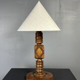 Midcentury brutalist wood turned table lamp in the style of Charles Dudouyt