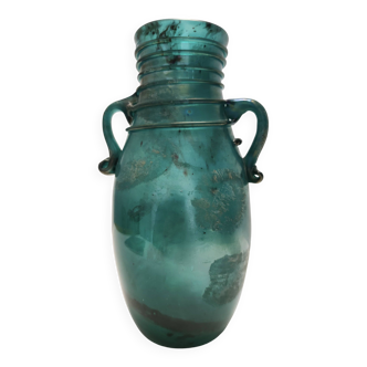 Vintage Teal Scavo Glass Vase Ascribable to Seguso, Archeological style, Italy