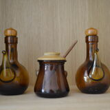 Huilier vinaigrier et moutardier verre fumé et bois