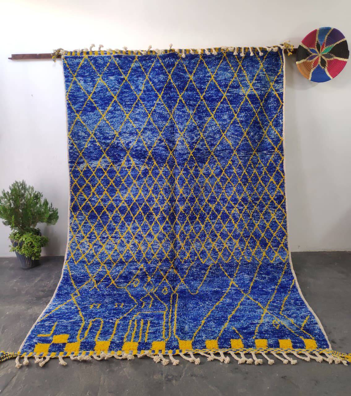 Large Blue and Yellow Moroccan Rug with Diamond Pattern 300x200cm