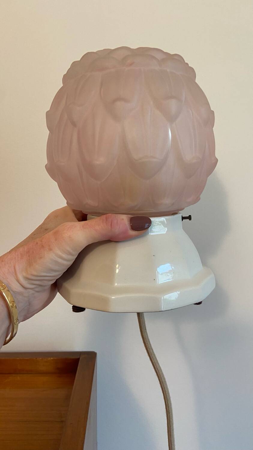 Art Deco powder pink globe lamp and porcelain base