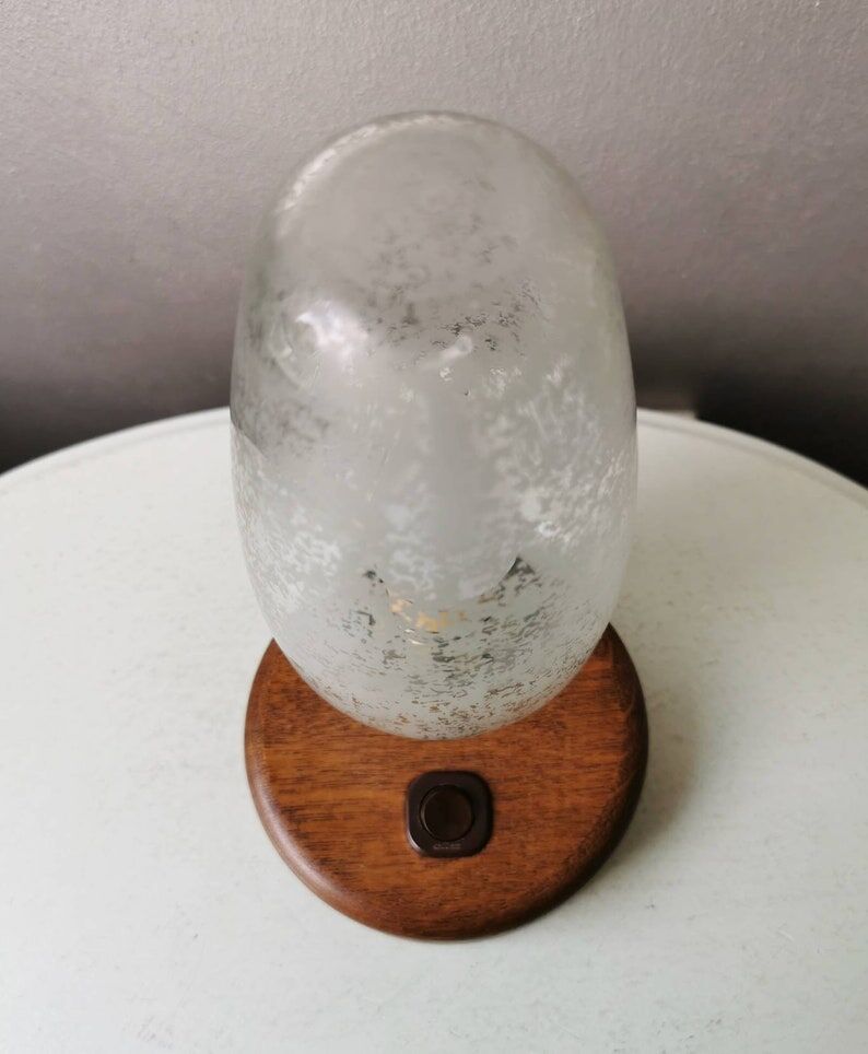 Vintage wooden table lamp with glass lampshade, 80s