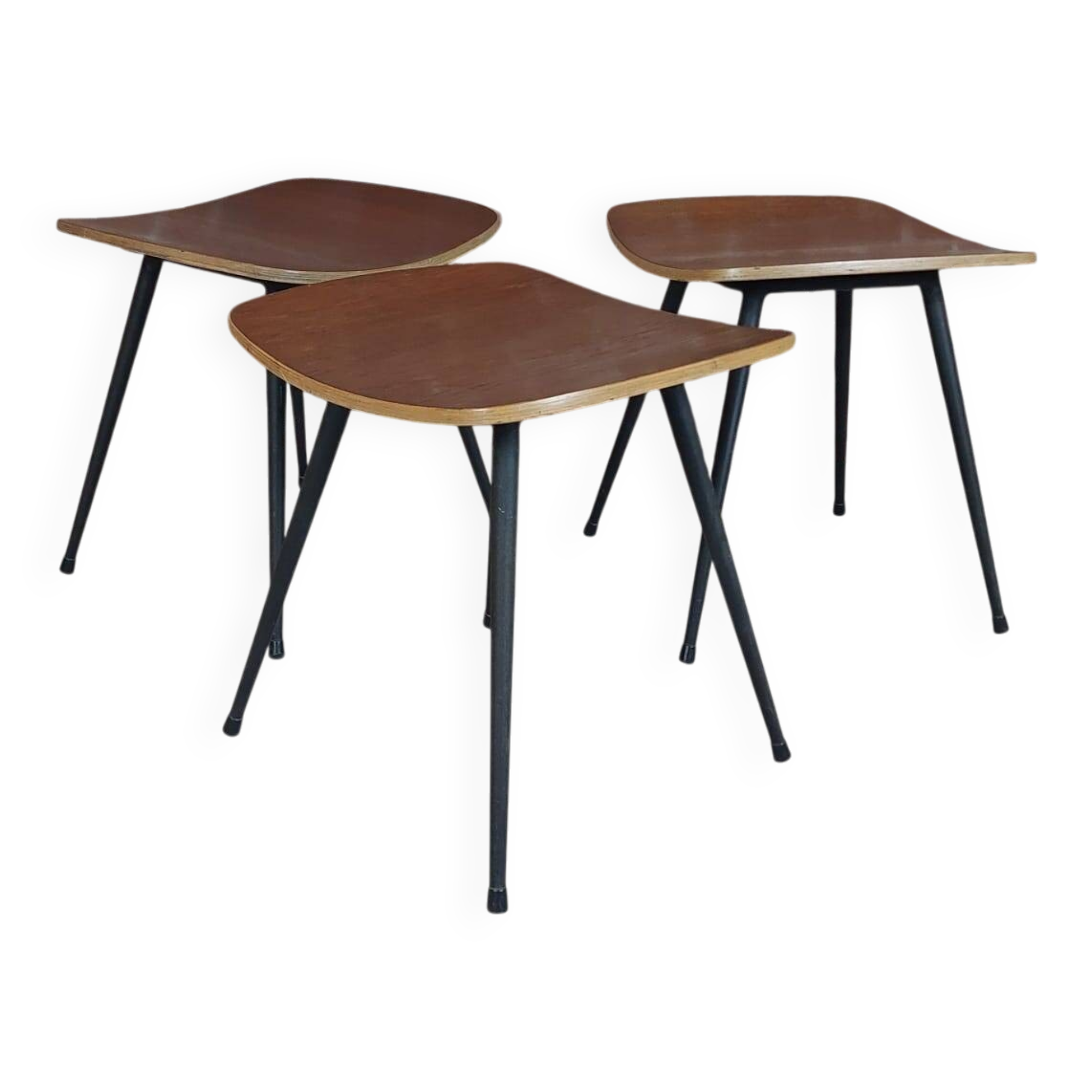 Three stools, teak and steel, Denmark 1950s