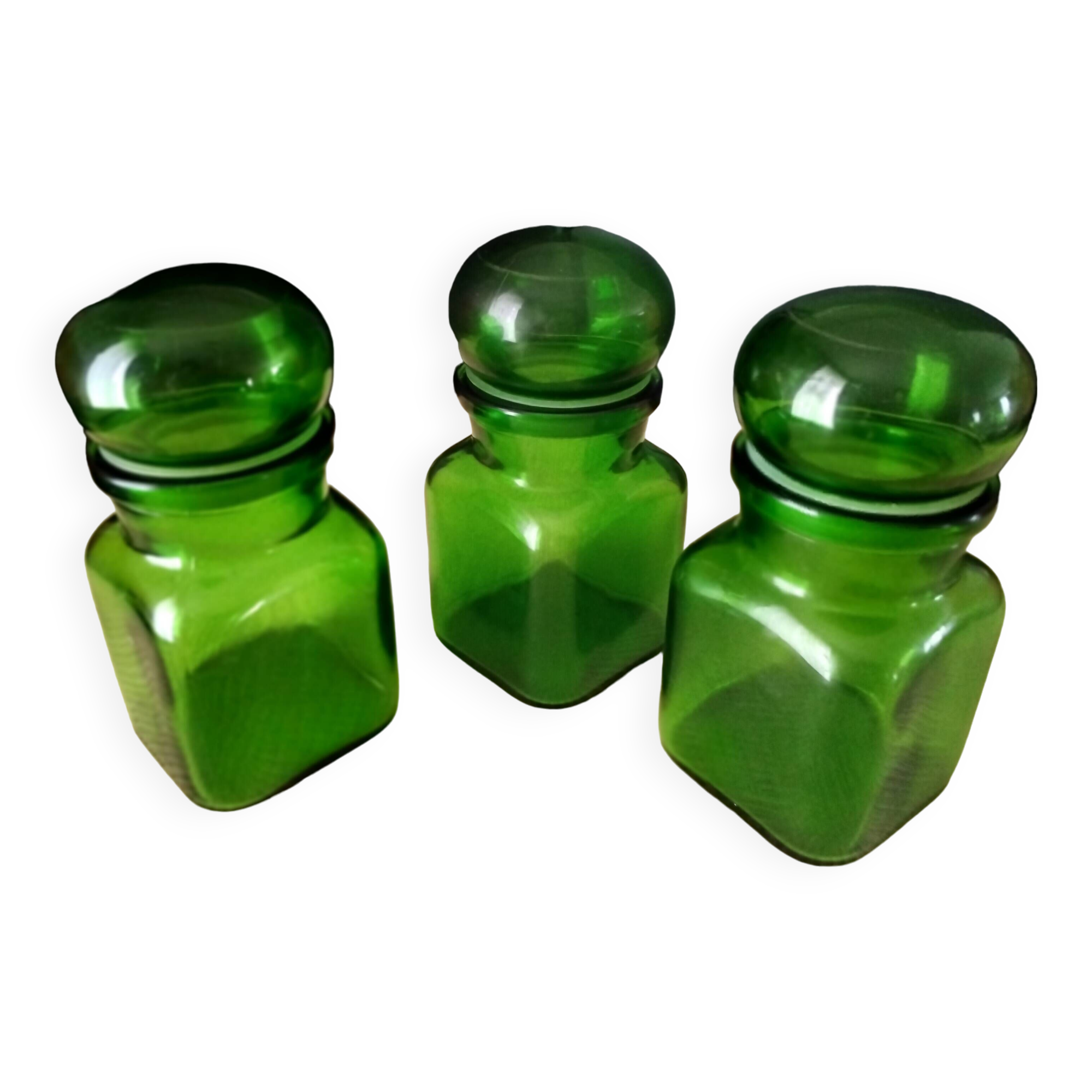 3 pots, flacons en verre vert, années 70