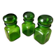 3 pots, flacons en verre vert, années 70