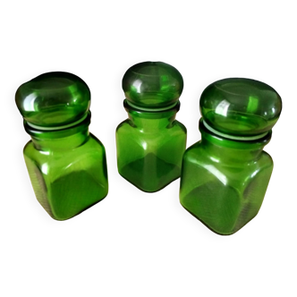 3 jars, green glass bottles, 1970s