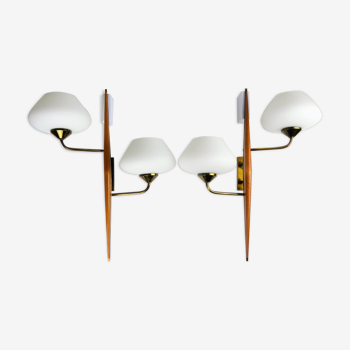 Lunel sconces with 2 strands of teak and brass 1950
