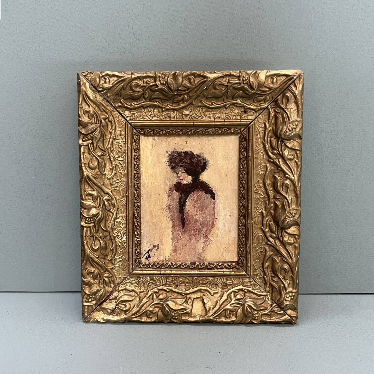 Miniature painting from the early 20th century "The Woman with the Mink" signed JJB