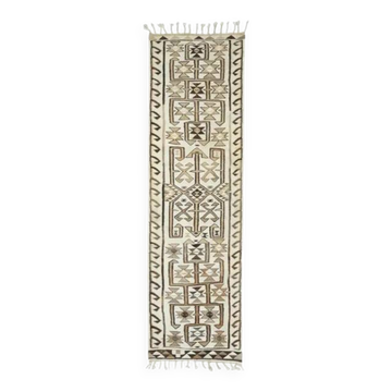 1970s vintage Turkish hand-knotted wool cotton beige runner rug 97x336