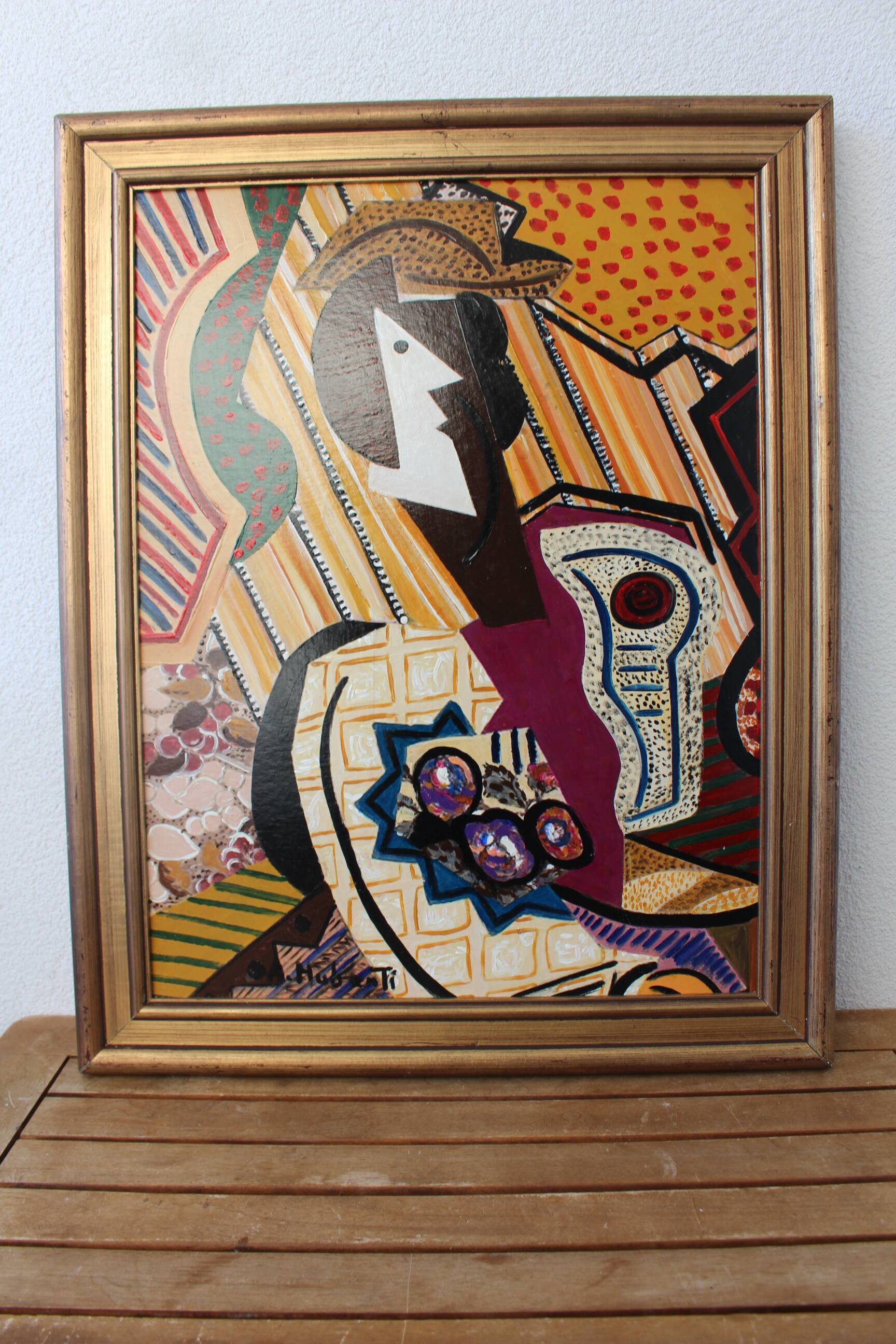 1960s Vintage Cubist Painting of Abstract Figures Composition Modernist, Framed