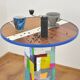 Handmade table made from recycled materials, colourful, abstract.
