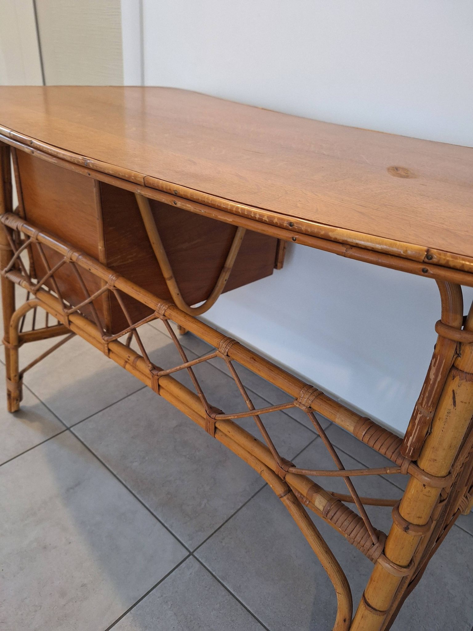 Rattan and bamboo desk with chair - Audoux Minet style from the 1970s.