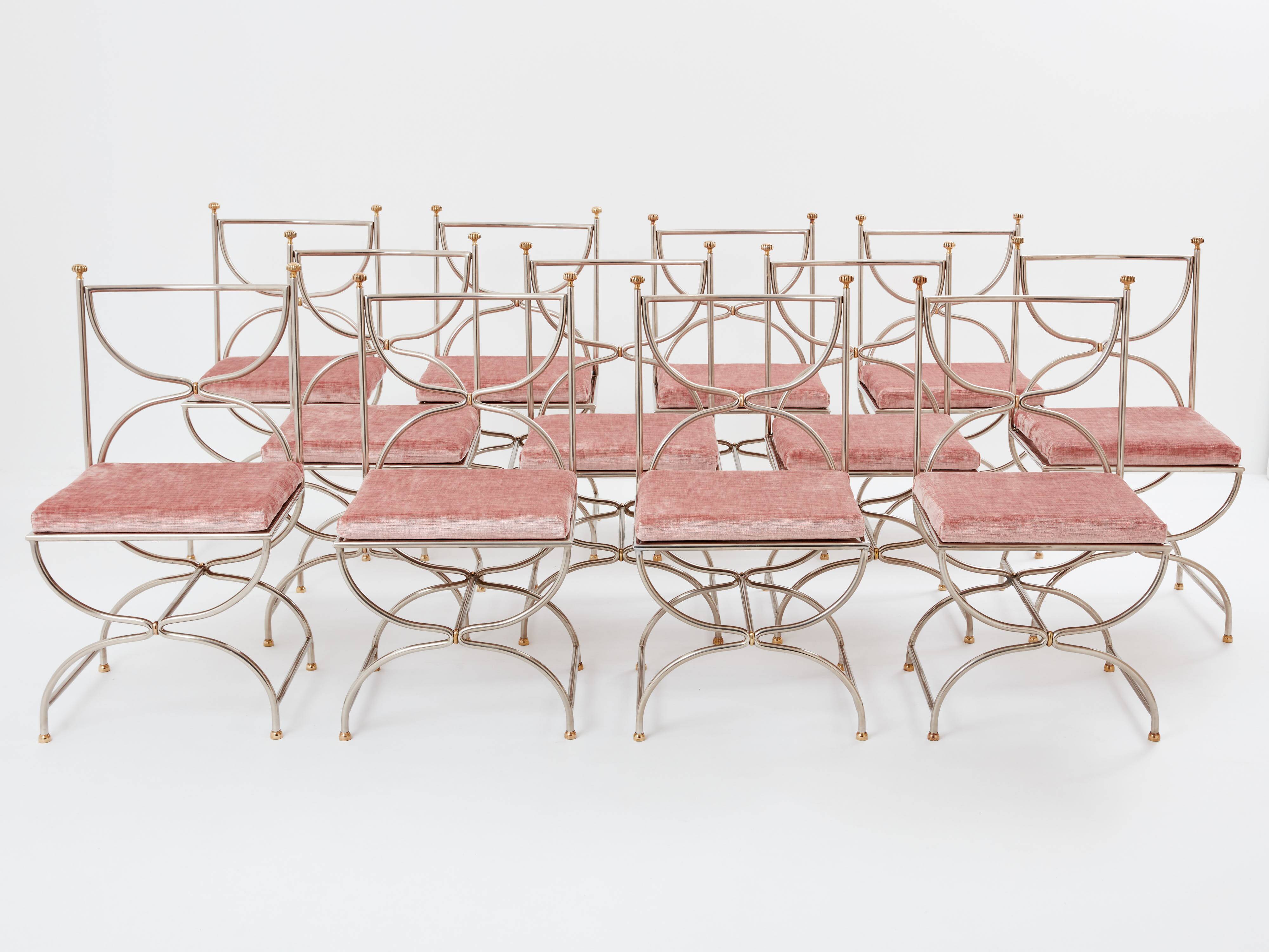 Maison Jansen rare set of 12 steel brass pink velvet chairs 1960