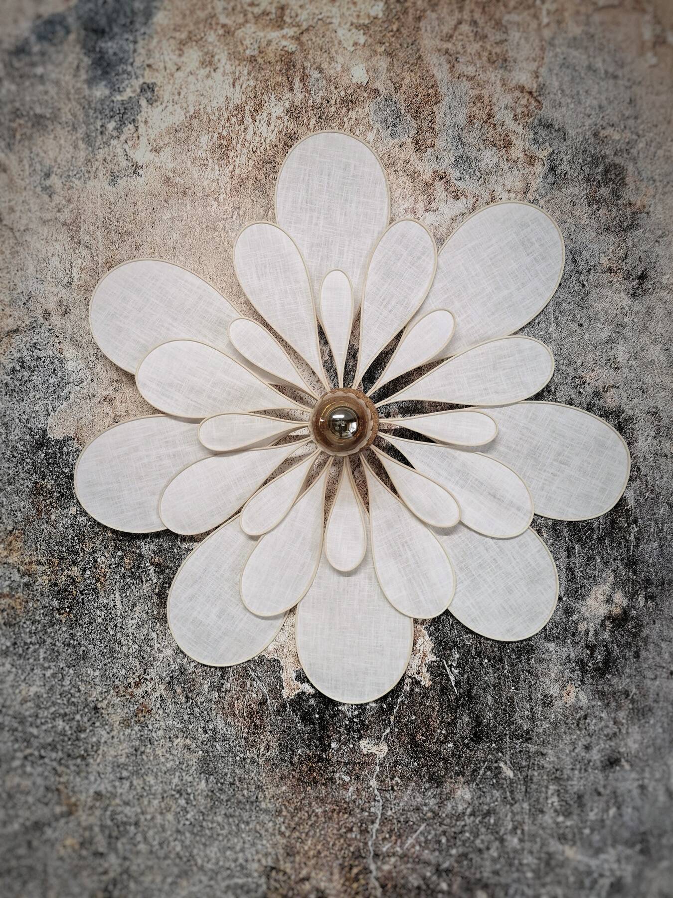 24 petal flower wall light in rattan and white linen