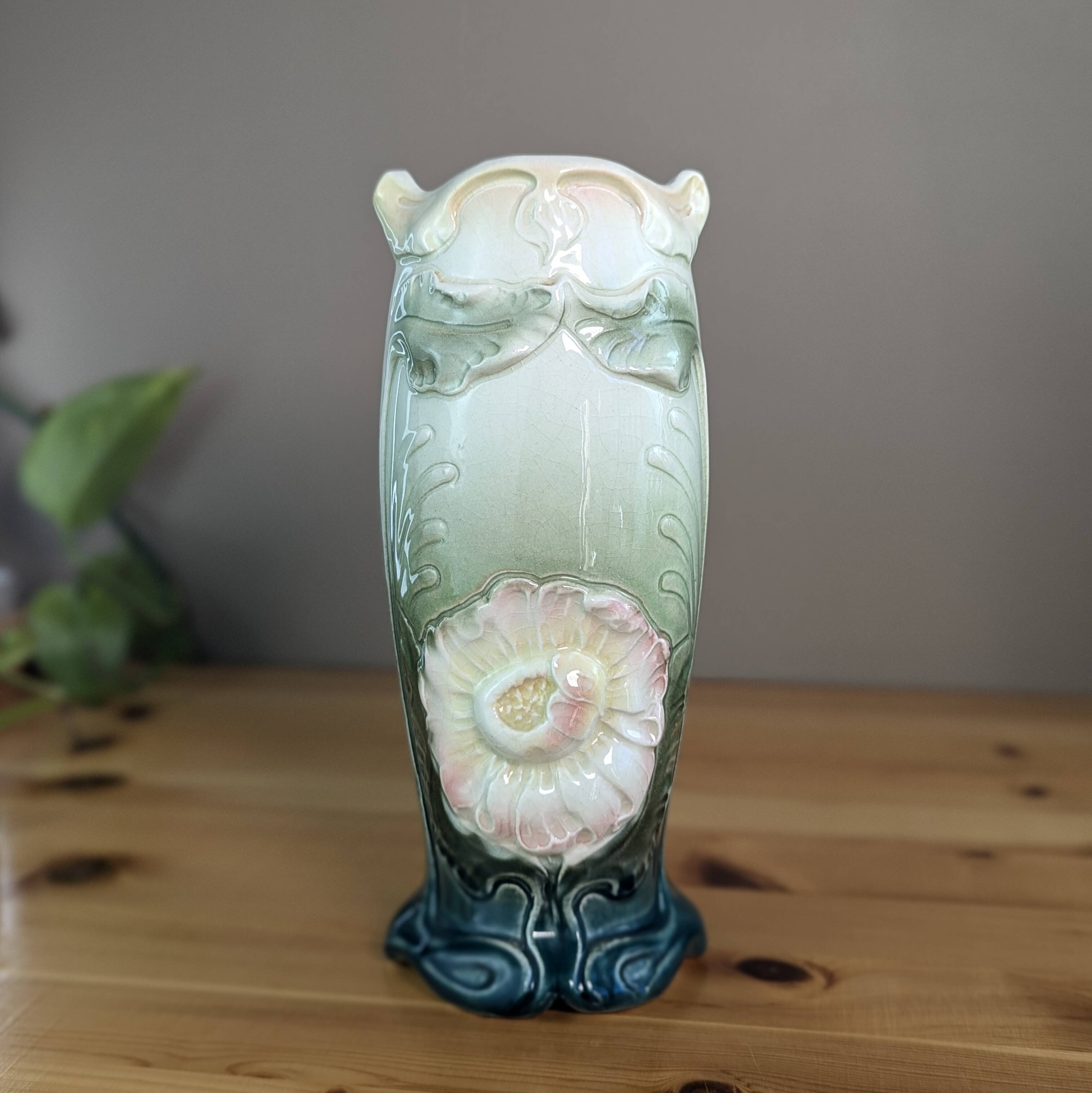 Gustav de Bruyn Fives Art Nouveau Floral Vase Green Pink Barbotine 20cm Numbered