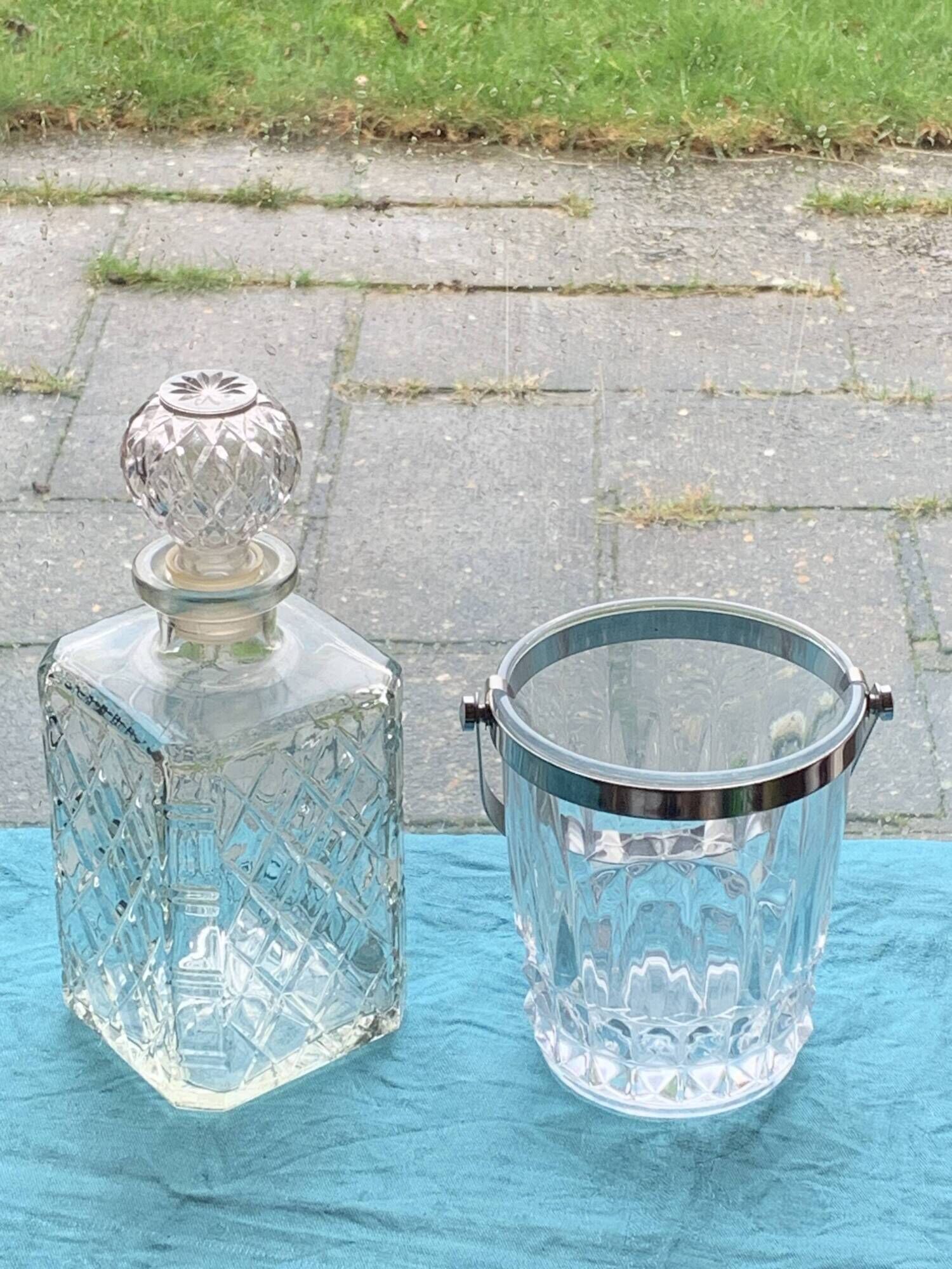 Whiskey carafe and ice bucket stamped crystal d'arques in vintage transparent glass