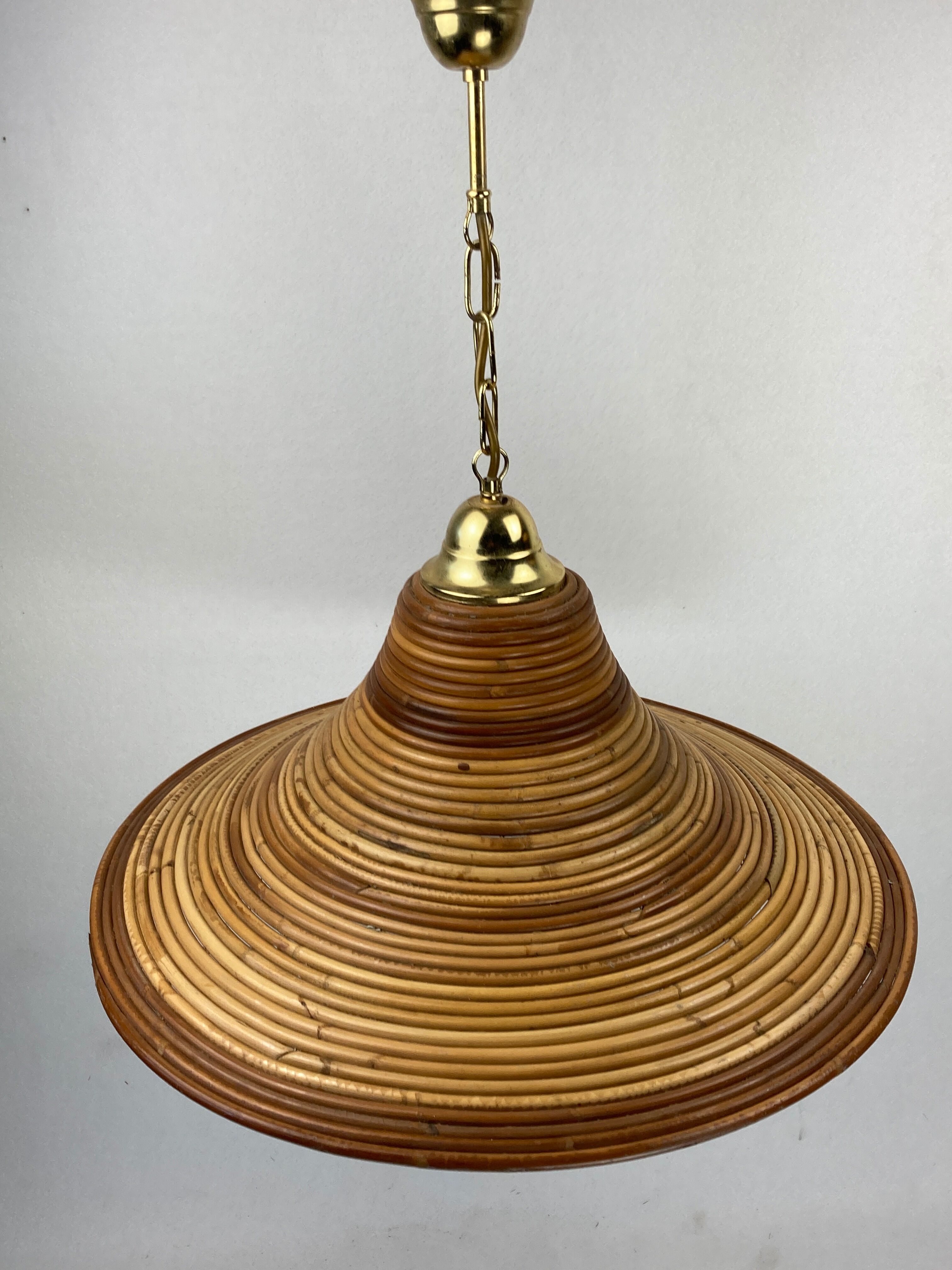 Pencil split reed rattan bamboo and brass pendant Lamp, 1970s