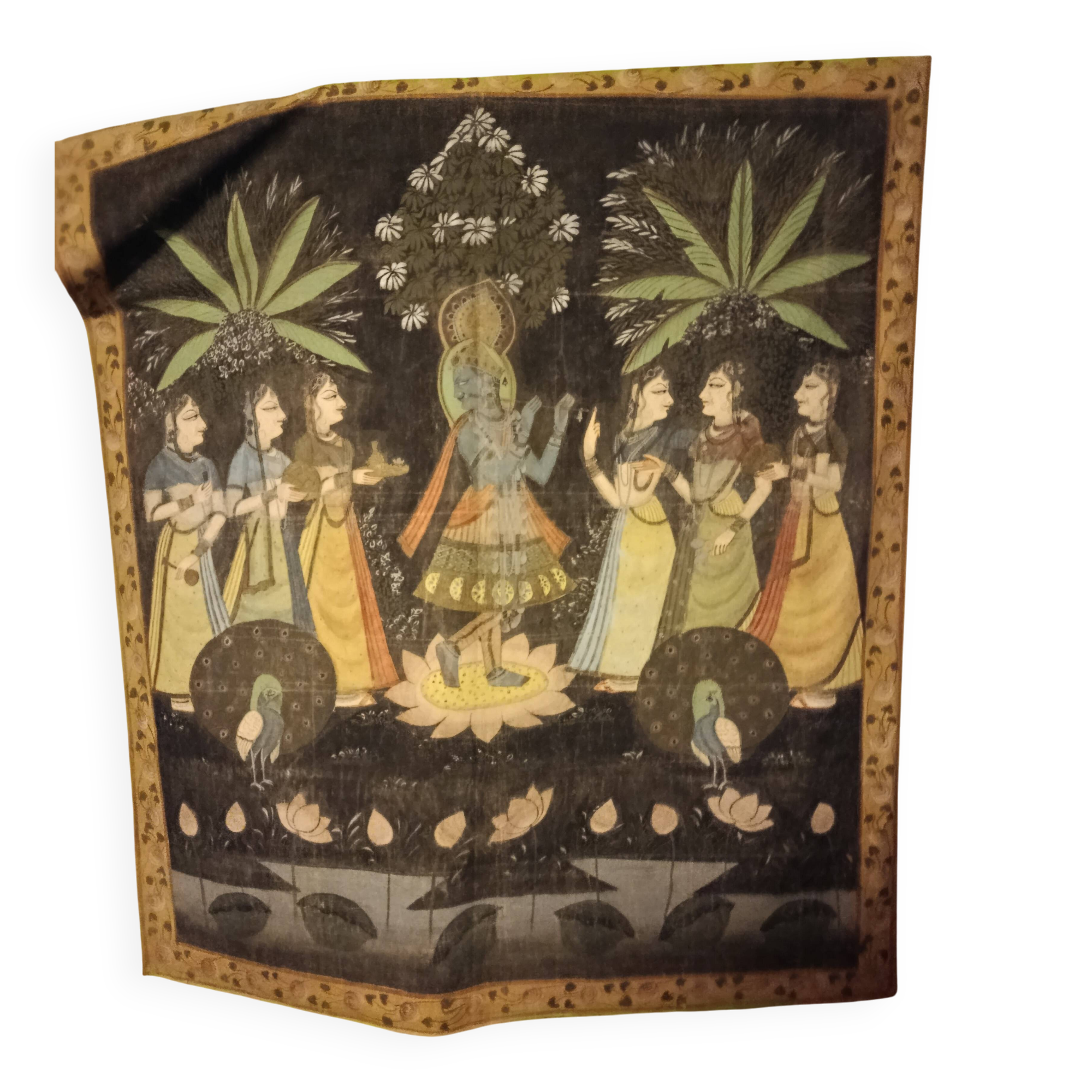 INDIA PICHWAI painting on silk KRISHNA RADHA GOPIS, Kanera Rajasthan mid 20th century