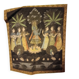 INDIA PICHWAI painting on silk KRISHNA RADHA GOPIS, Kanera Rajasthan mid 20th century