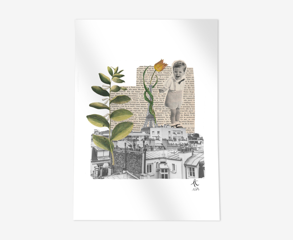 Print collage format a3. sur les toits