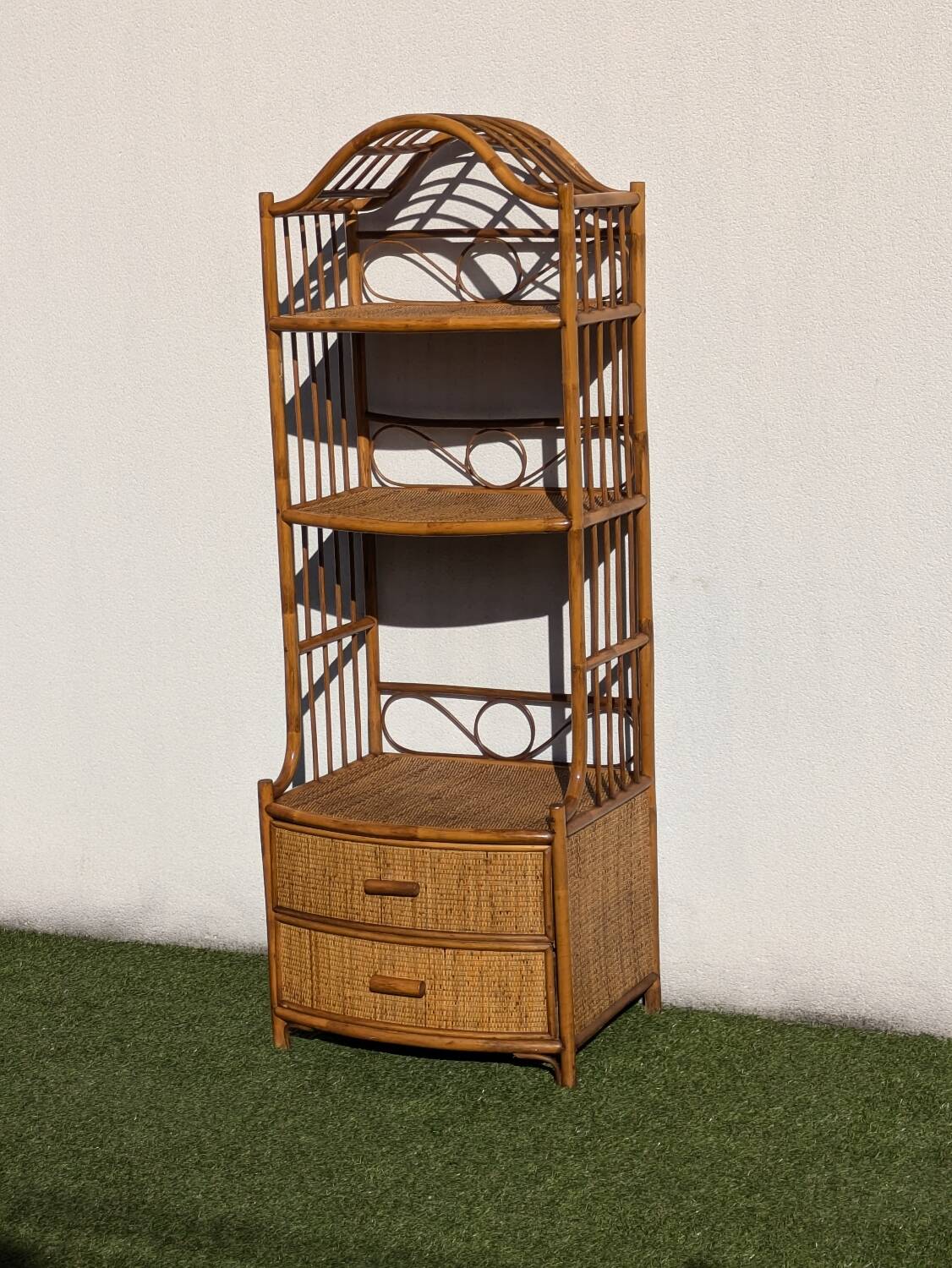 Vintage 1960s Rattan Bamboo Bookcase Shelf Buffet