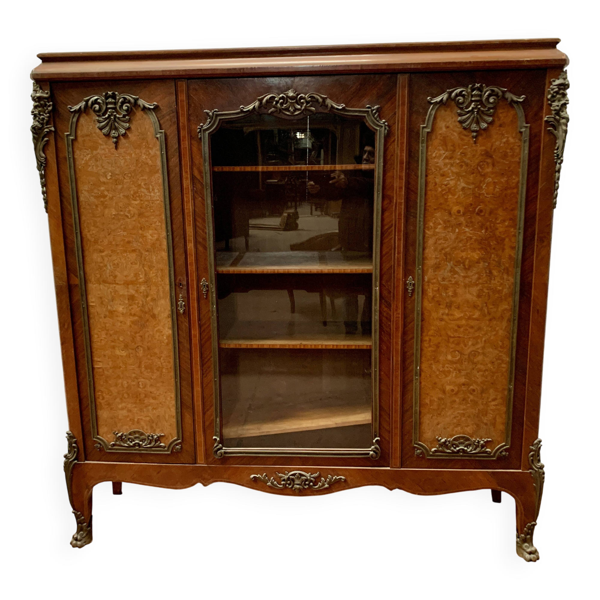 Louis XV style bookcase in mahogany and burr walnut, 20th century