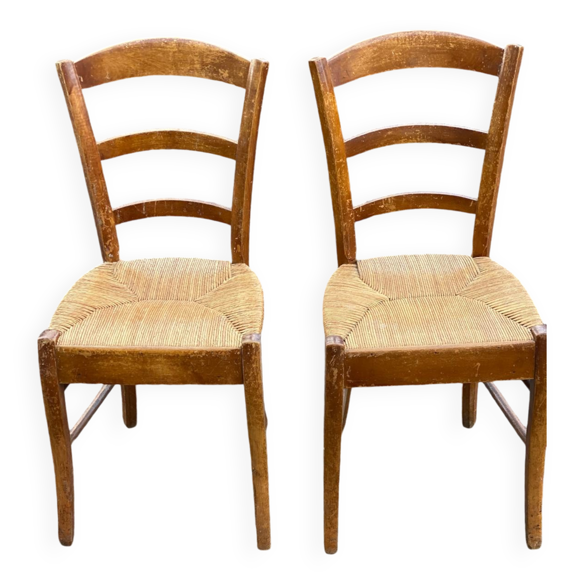 2 solid wood and straw dining chairs