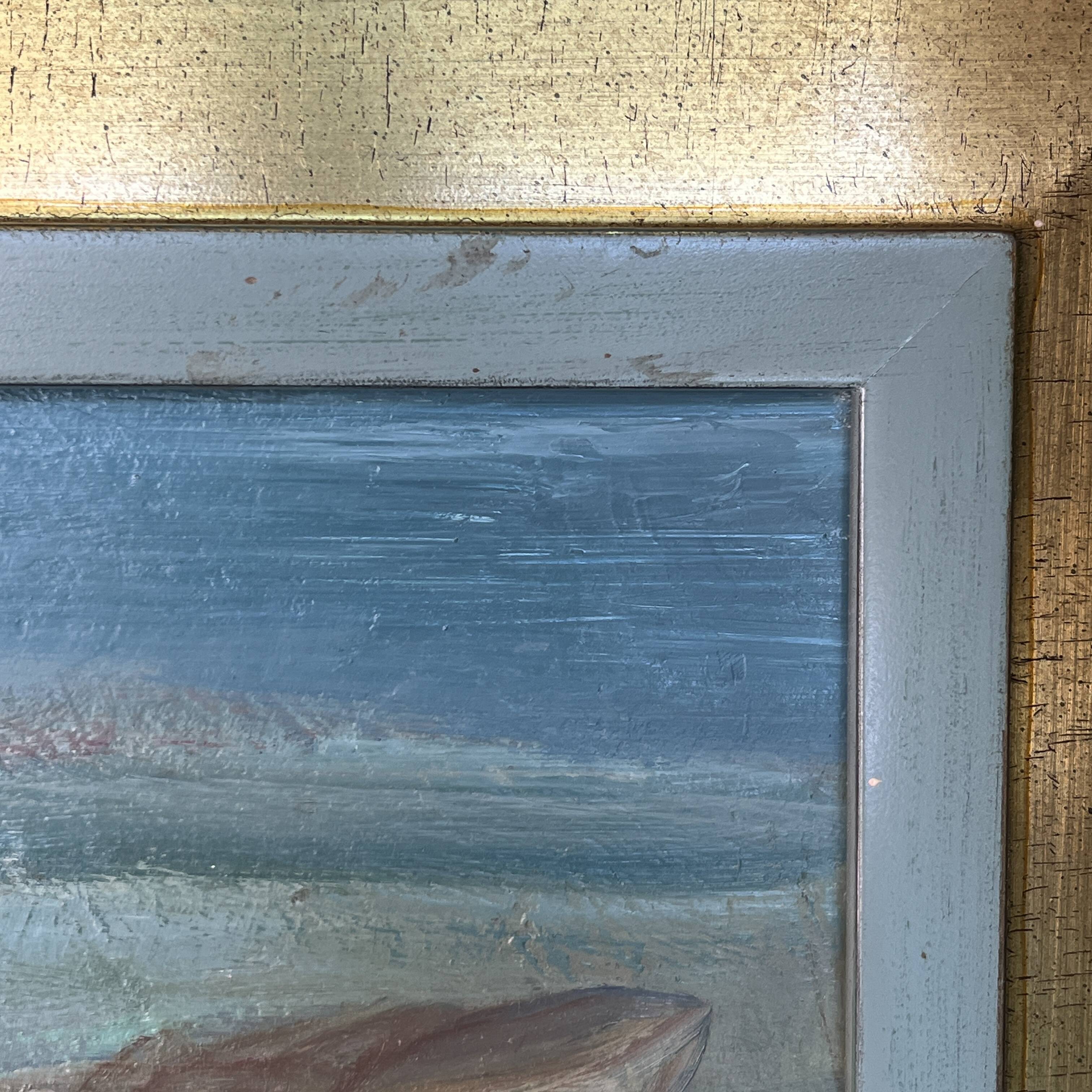 Painting "return from fishing", oil on panel, flory roland ca 1945