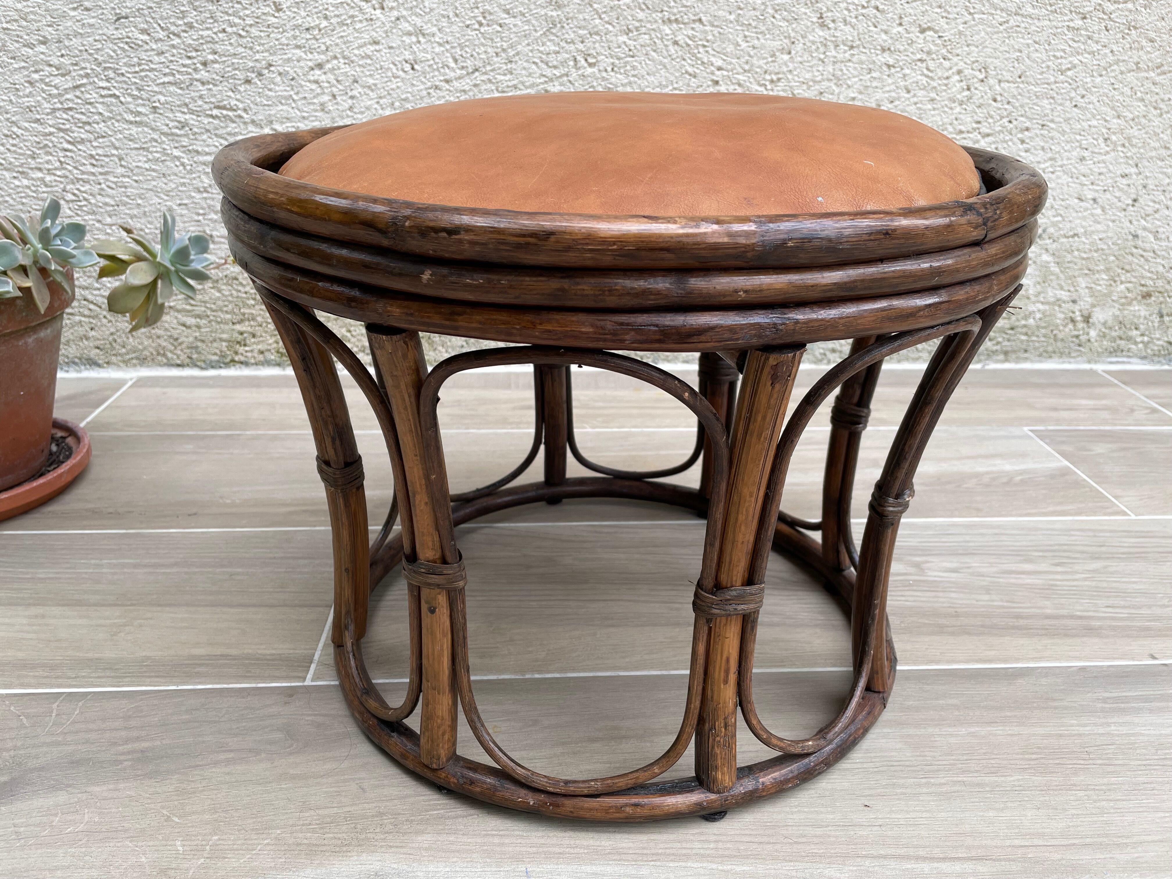 Pouf vintage rotin et cuir