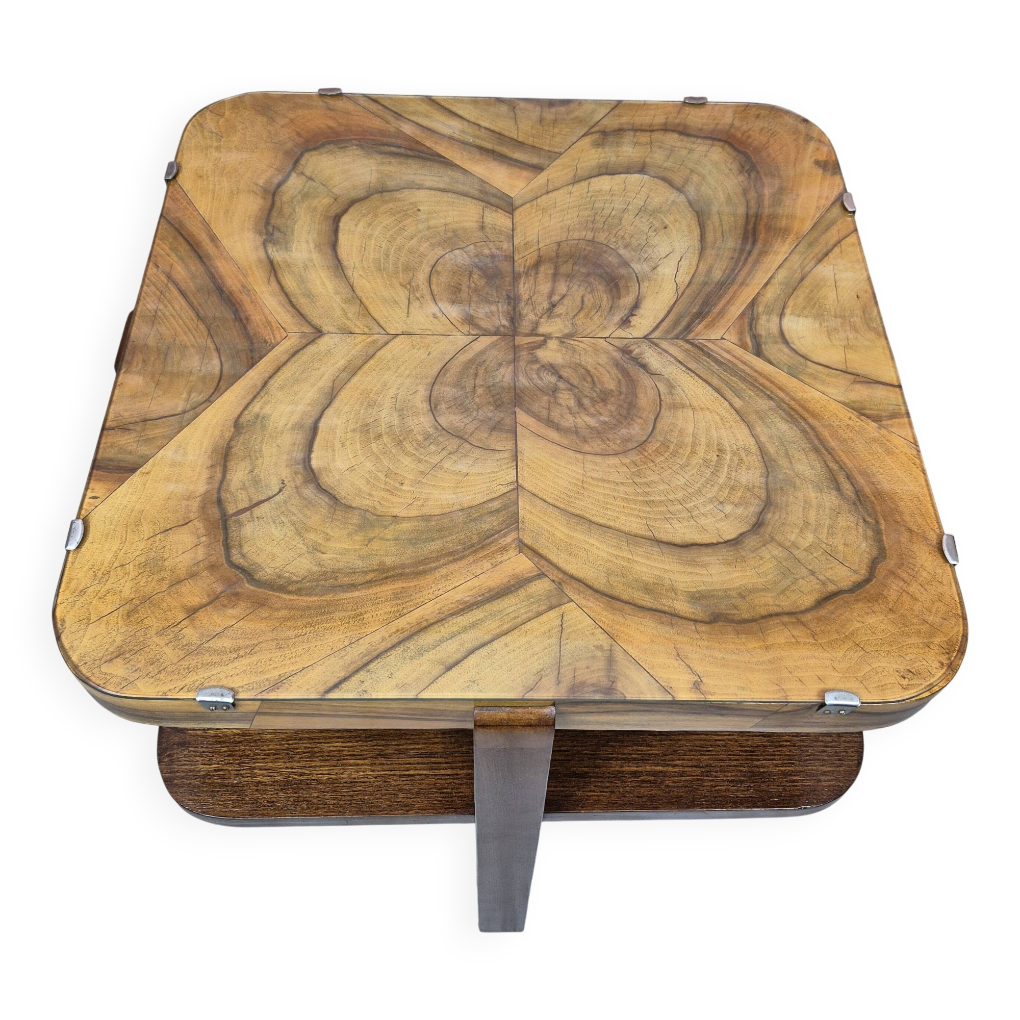 Restored Art Deco Walnut and Oak Side Table with Original Glass 1930s